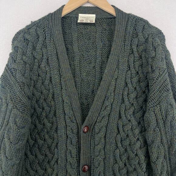 COTTAGE KNITWEAR Sweater Mens L Wool Aran Cable Button Up Cardigan Green - Picture 3 of 14